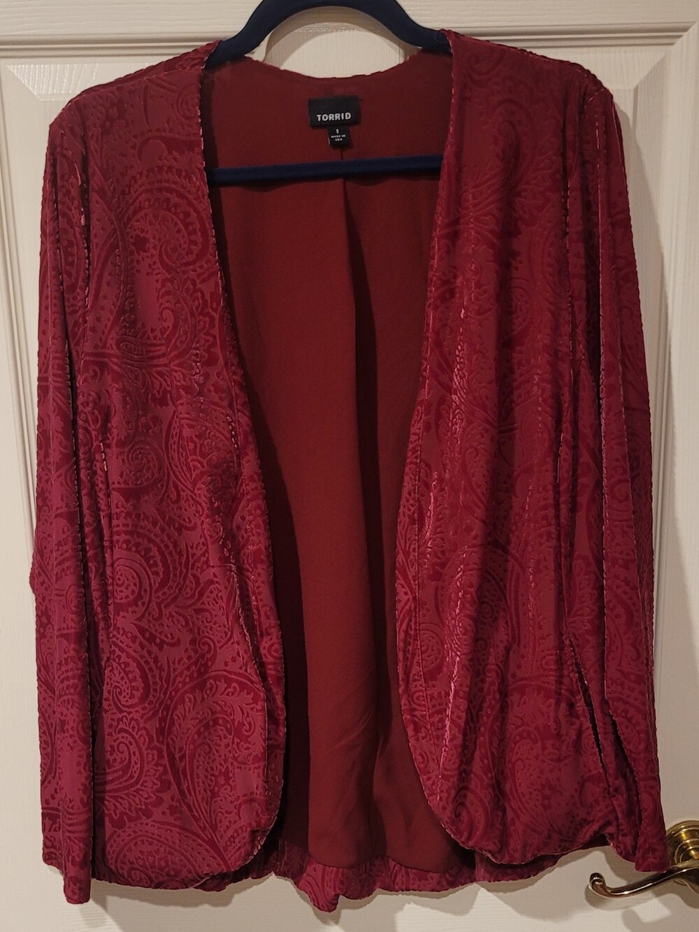 torrid Size 1 Burgundy Paisley Velvet Burnout Open-Front Jacket